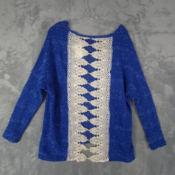 Entro Womens Sweater Tunic Blue Crochet Long‎ Sleeve Jewel Neck Thin Knit L New - Picture 1 of 7